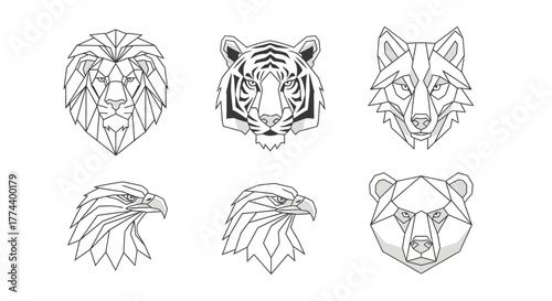 Geometric animal heads: lion, tiger, wolf, eagle, and bear, displayed as line art illustrations on a white background.