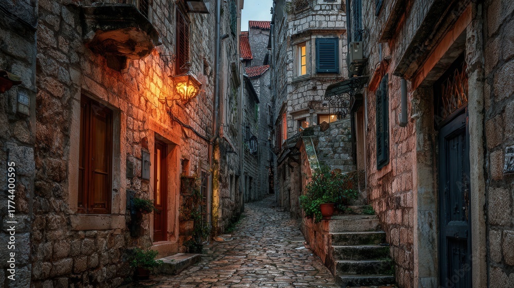 Fototapeta premium narrow alleyway, old stone buildings, moody urban background