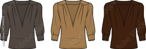 Technical flat sketch vector illustration of a women's V-neck tunic blouse shown in three different brown color variations for fashion design