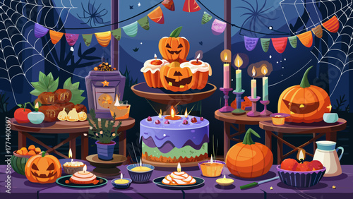 Very beautiful Halloween treat table decorated with spooky snacks, pumpkins, candles, and cobwebs, creating a festive and playful atmosphere for autumn celebrations and parties.