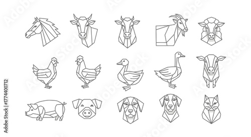 Geometric line art illustrations of various farm animals in a row.