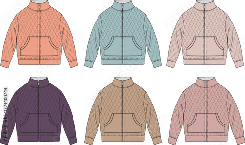 Collection of fashionable quilted jacket designs showcasing a variety of colors and styles for apparel design