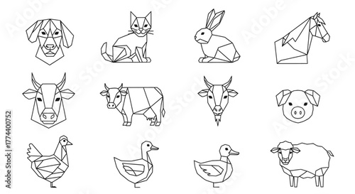 Geometric line art illustration featuring various farm animals including a dog, cat, rabbit, horse, cow, goat, pig, chicken, duck, and sheep.