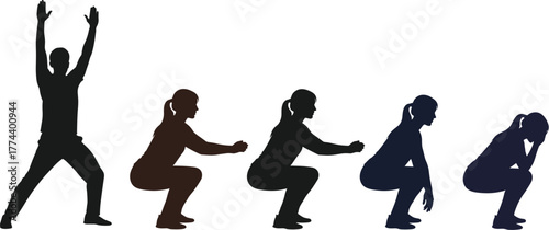 Silhouettes of people performing squats, illustrating the progression of the exercise from standing to a deep squat
