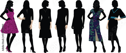 Silhouettes of women in various dresses, showcasing different styles of formal and semiformal attire for women
