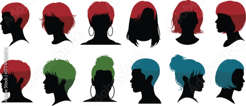 A vibrant collage of diverse hairstyles and hair colors, featuring silhouettes of womens heads with red, green, and blue hair