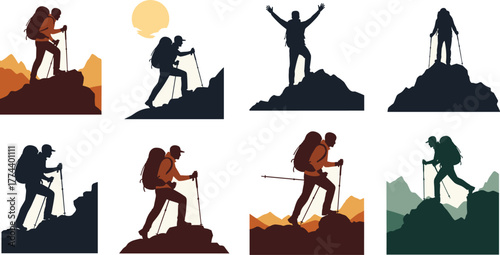 Silhouettes of hikers reaching mountain summits, depicting adventure, achievement, and outdoor exploration in various scenic landscapes