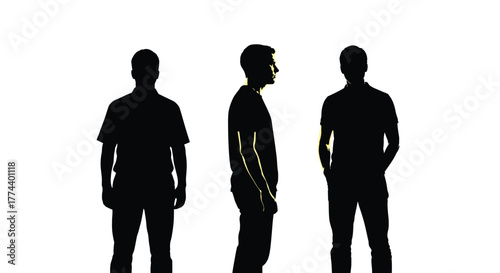 Three silhouettes of a man in different poses, front, side, and back view