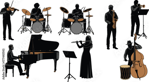 Silhouettes of musicians playing various instruments including piano, drums, violin, saxophone, trumpet, flute, and double bass
