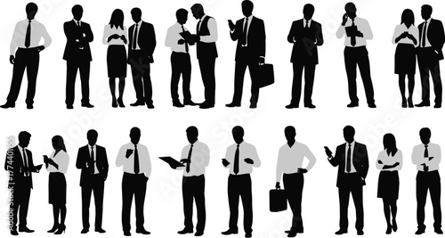 Silhouettes of business people in formal attire, some holding phones and briefcases, engaged in various professional activities