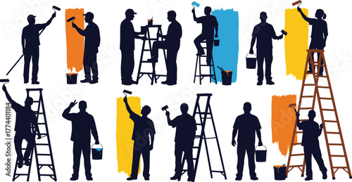 Painters at work, using ladders and rollers to paint walls with vibrant colors