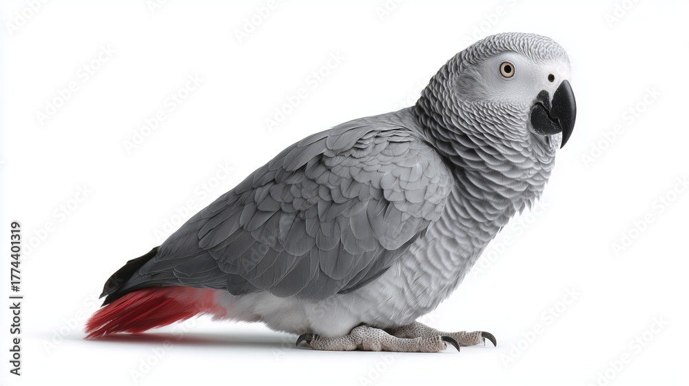 Fototapeta premium Beautiful gray parrot resting on the ground with striking red tail feathers
