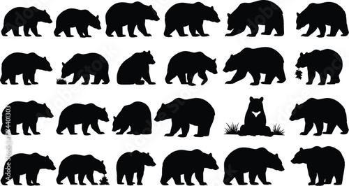 A comprehensive collection of black bear silhouettes in numerous natural poses, including walking, sitting, and foraging
