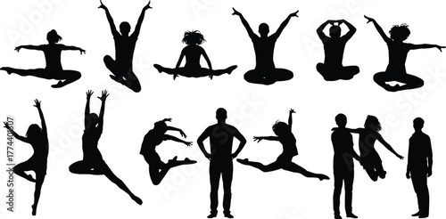 Dynamic black silhouettes of dancers in various ballet and modern dance poses, captured midmotion against a plain background