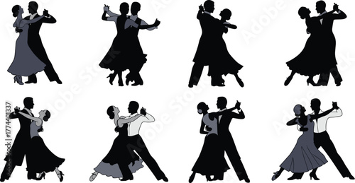 Collection of eight silhouettes of couples dancing ballroom, waltz, and other elegant partner dances, showcasing grace