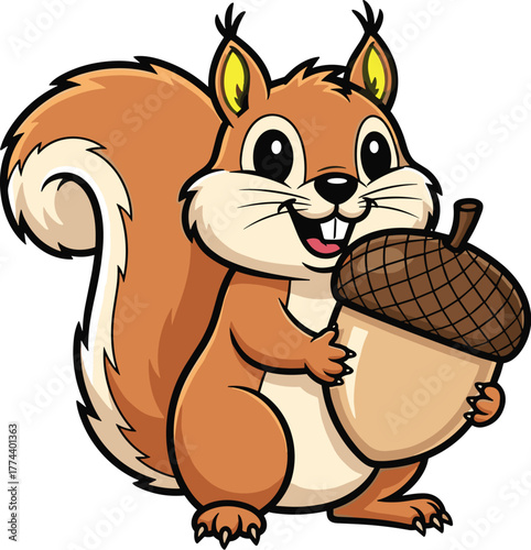 Cute cartoon squirrel holding a large acorn