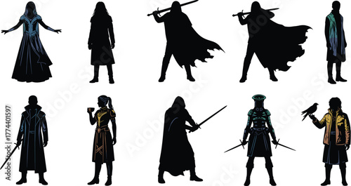 A collection of ten fantasy characters in silhouette, including warriors with swords and cloaked figures