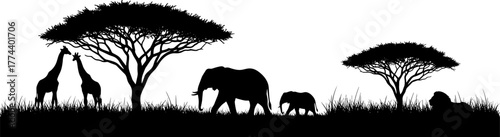 Silhouette of african savanna wildlife including giraffes, elephants, and a lion resting under acacia trees 