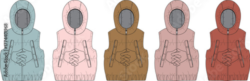 Vector illustration set of a children's hooded puffer vest, fashion flat technical drawing for apparel design in multiple colorways