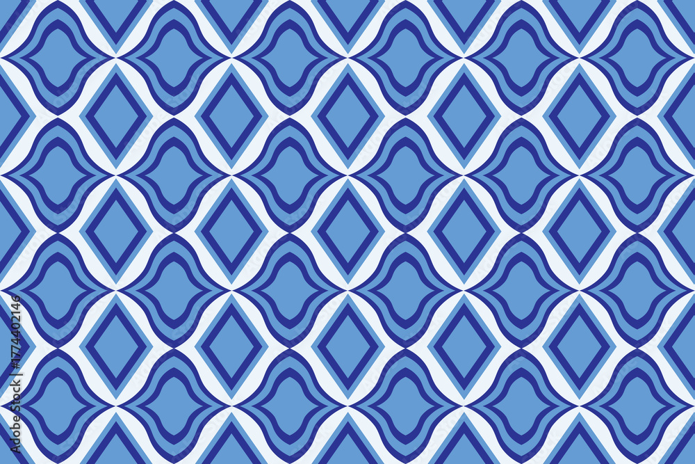 Fototapeta premium Blue and white geometric ceramic tile pattern with traditional ornamental design, suitable for backgrounds, wallpapers, and classic decorative projects.