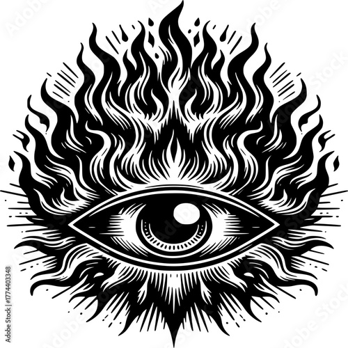 Mystic Eye Symbol: A captivating mystical emblem, featuring a watchful eye engulfed in flames, evoking mystery and power.