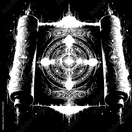 Mystical Scroll Unveiled: A detailed illustration of an ancient scroll, radiating an aura of mystery and arcane knowledge, adorned with intricate patterns, celestial symbols and elegant detailing.