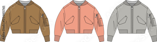 Stylish vector illustration featuring a trio of classic bomber jackets in fashionable color palettes, including warm brown, soft peach, and cool gray, ideal for casual apparel designs