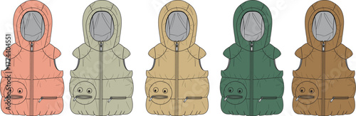 Collection of Cozy Children's Hooded Puffer Vests in Various Earth Tones and Pastels, Featuring Adorable Smiling Face Pocket Designs, Perfect for Layering and Outdoor Play