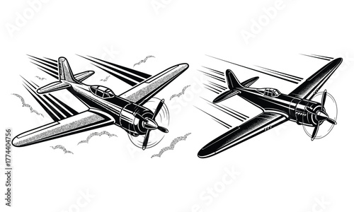 Two vintage propeller airplanes flying in formation with speed lines