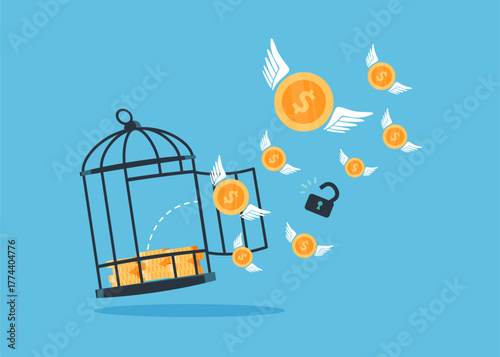 Money flying out from a large birdcage stock illustration.