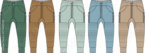 Five pairs of casual joggers in different colors, showcasing their design and style