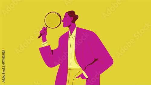 Abstract business character holding magnifying glass symbolizing analysis, research, and investigation