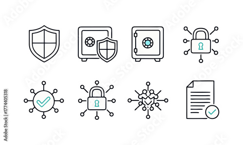 Cybersecurity and Data Protection Line Icons – Shield, Virus and Secure Network Vector Set