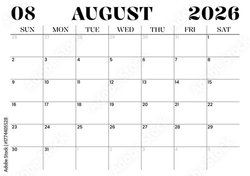 Printable Monthly Calendar Template for August 2026. Minimalist Style Calendar in Landscape Format. Week Starts on Sunday. Monthly Calendar Planner for 2026 year.