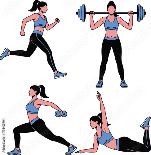 The collection features her running, performing barbell squats, doing a dumbbell lunge row, and executing a deep floor stretch.