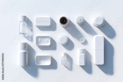 Multiple Eye Care Products Like Eye Drop Bottles, Contact Lens Cases, And Cleaning Solutions Placed Neatly On A White Background With Soft Shadows. The Arrangement I