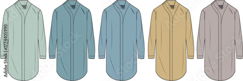 A collection of stylish long-sleeved shirts in various muted pastel colors, showcasing classic collar designs