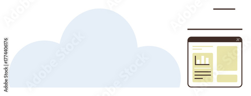 Large cloud shape beside a minimalist browser window displaying data charts and text. Ideal for technology, data storage, online collaboration, software, analytics, IT solutions, modern innovation