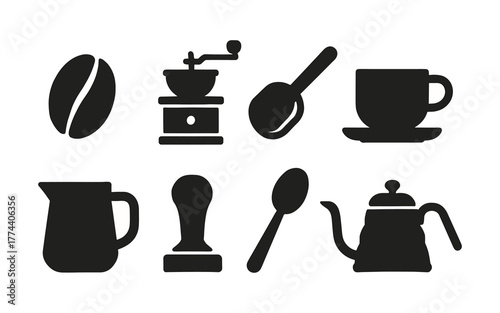 Coffee brewing essentials silhouette icons: grinder, cup, kettle, and more