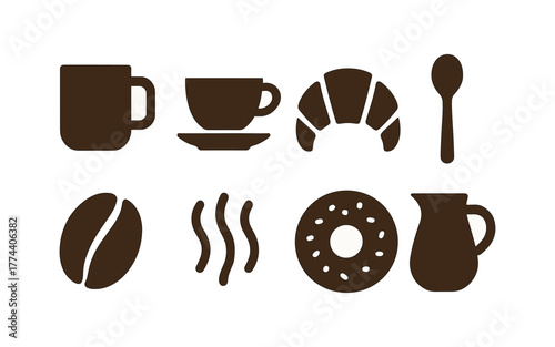 Coffee shop essentials: silhouette icons of cups, pastries, and utensils