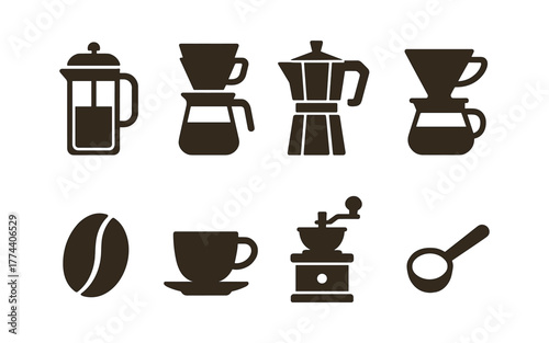 Coffee brewing icons: diverse silhouette styles for cafe and home brewing enthusiasts