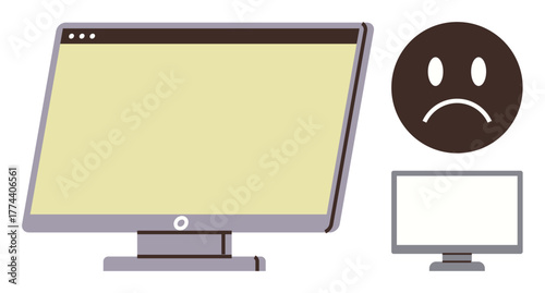 Desktop monitor with blank screen and sad face icon symbolizing tech issues, miscommunication, or online negativity. Ideal for troubleshooting, emotion, failure, technology, workplace, stress or IT