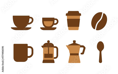 Coffee icons set featuring cups, beans, and brewing tools in flat design