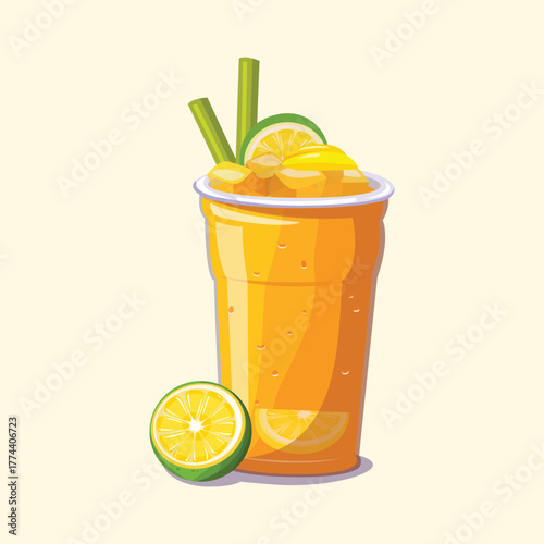 Refreshing orange juice with lemon slices in a clear cup, perfect for summer beverage designs.