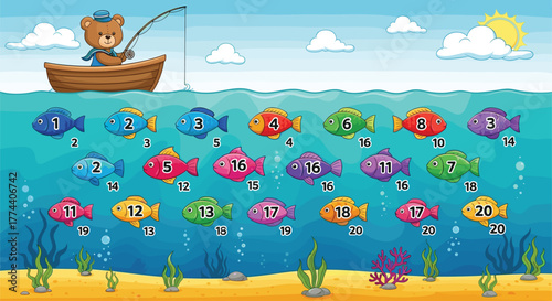 Cartoon bear fishing from boat above ocean filled with numbered colorful fish and underwater plants in educational illustration