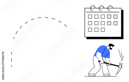 Worker swings a pickaxe toward the ground, paired with a calendar suggesting effort, goals, or deadlines. Ideal for labor, time management, project planning, productivity, persistence deadlines