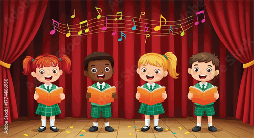 Cartoon children singing on stage in green school uniforms, choir performance with songbooks, musical notes, and festive red curtain background