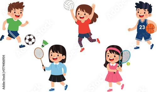 Cartoon children playing various sports activities including soccer, badminton, volleyball, basketball, and tennis, promoting fitness, fun, and teamwork