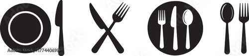 Collection of dining utensils and plate icons for restaurant menus and culinary themes