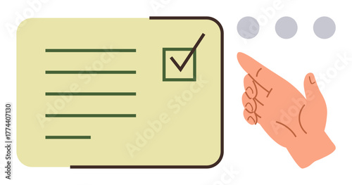 Checklist with marked checkbox, hand gesture pointing to task list, three dots for navigation. Ideal for organization, prioritization, decision-making, user interface, productivity, task management